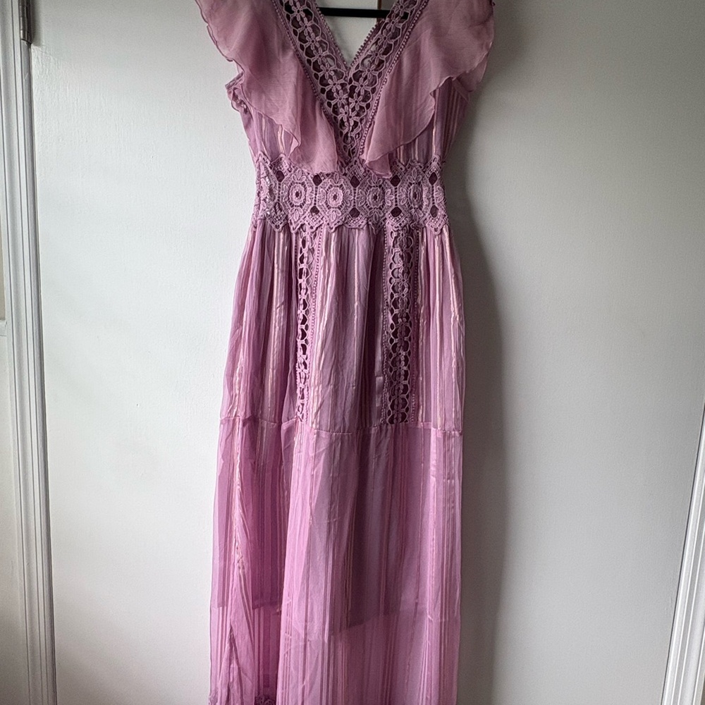 VENUS Pink V-Neck Flutter Sleeve Maxi Dress for Prom